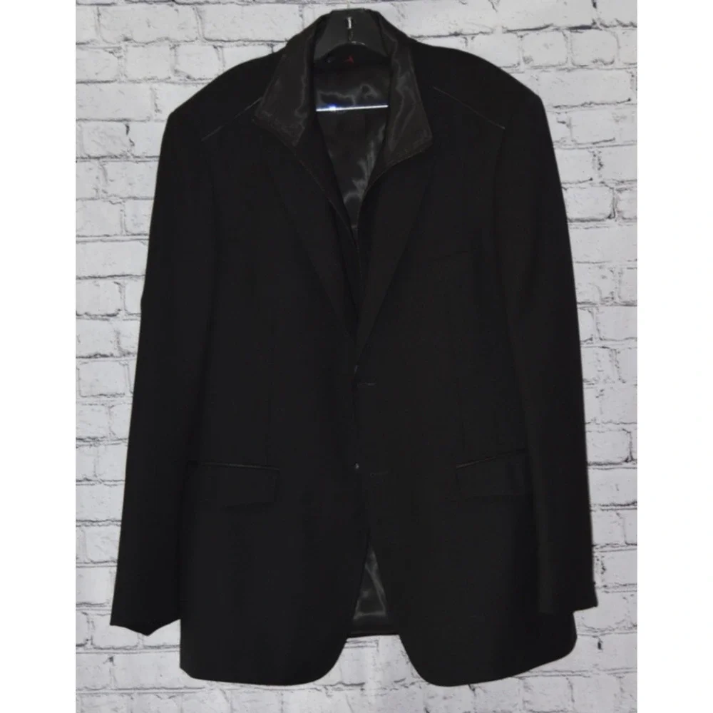 Mattarazi Uomo Wool & Leather Detail Black Zipper Single Breasted Jacket Size 54